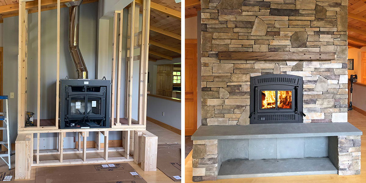 prefab wood burning fireplace install and surround