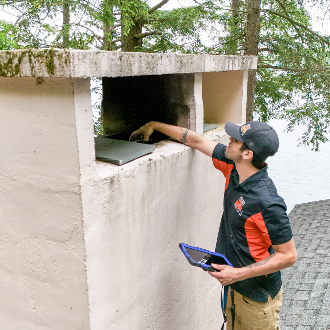 Certified chimney sweep conducting chimney inspection in New Hampton, NH.